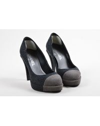 Chanel Black Gray Glitter Applique Round Cap Toe 'cc' Platform Pumps