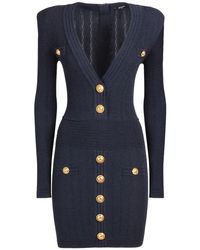 Balmain Blue V-neck Buttoned Knit Mini Dress