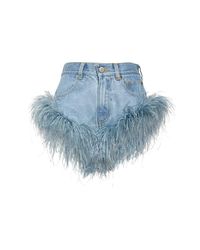 Area Blue Cotton Denim Hot Pants W/ Feathers