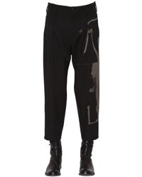 Yohji Yamamoto Black Cropped Printed Wool Gabardine Pants for men