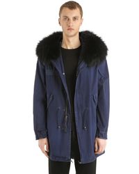 Mr & Mrs Italy Blue Cotton Canvas Parka W/ Fur Trim for men