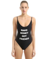 MAKE MONEY NOT FRIENDS Black Logo Printed One Piece Swimsuit