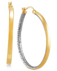 Macy's Metallic Two-tone Medium Polished & Textured Hoop Earrings In 14k Gold & Rhodium-plate