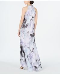 calvin klein printed halter ruffle gown