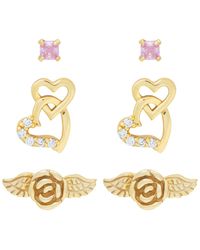 Link Up Metallic Link Up 3-piece Set Flower, Pink Crystal And Hearts Stud Earrings In 18k Gold Over Sterling Silver