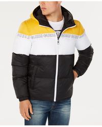 guess men's hooded puffer coat yellow