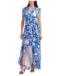Eliza J Synthetic High-low Faux-wrap Dress in Blue/White Floral (Blue) |  Lyst