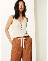 Marks & Spencer Natural Linen Blend Textured V-neck Knitted Tops Oatmeal