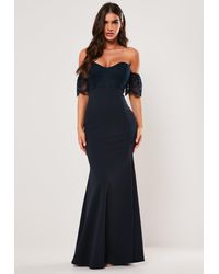 navy bardot bridesmaid dress