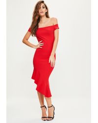red bardot frill hem midi dress