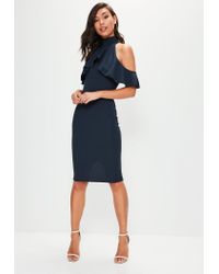 navy frill cold shoulder midi dress