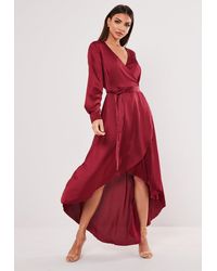 red satin long sleeve wrap dress