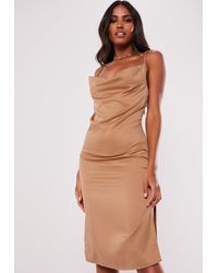 missguided strappy cowl midi satin dress in rust