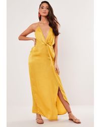 Missguided Petite Mustard Satin Twist Cami Maxi Dress in Yellow - Lyst