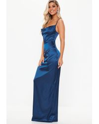 missguided satin cowl neck maxi slip dress in blue