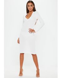 long sleeve white ribbed dress