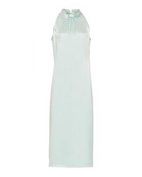 Mi Jong Lee Green High Neck Gathered Silk Dress
