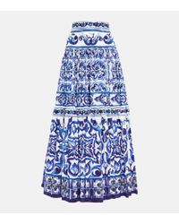 Dolce & Gabbana Pleated Printed Cotton Midi Skirt - Blue