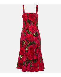 Oscar de la Renta Floral Cotton-blend Poplin Midi Dress - Red