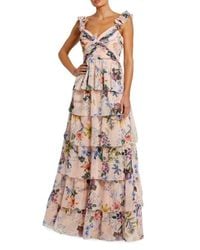 Mac Duggal Floral Print Ruched Raglan Tiered Gown in White