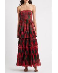 Hutch Simi Pliss Ruffle Strapless Gown in Red | Lyst