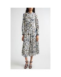 knee length dresses for ladies Amaia Cascading Ruffle Midi Dress - Midnight Garden Floral Print Silk  Flutter Sleeve Dress main image 0
