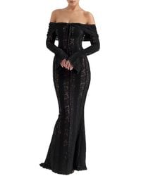 belle black off shoulder floral lace maxi dress VANEYA OFF SHOULDER LACE MAXI DRESS - Black main image 1