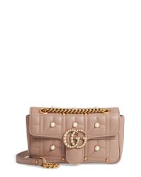 Gucci Mini Gg Marmont 2.0 Imitation Pearl Logo Matelasse Leather Shoulder Bag in Pink - Lyst