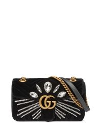 Gucci Gg Marmont 2.0 Crystal Embellished Velvet Crossbody Bag in Black - Lyst