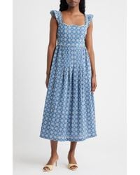 moon river shirred cotton poplin midi dress Moon River Adjustable Strap Shirred Midi Dress in White