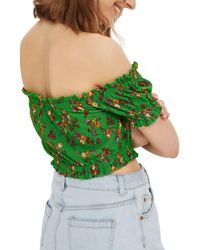 TOPSHOP Floral Off The Shoulder Crop Top in Green - Lyst
