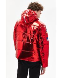 red metallic puffer jacket