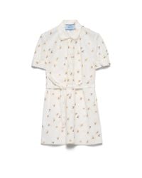 Prada Floral Print Linen Mini-Dress in White | Lyst Prada Floral Print Linen Mini-Dress in White | Lyst