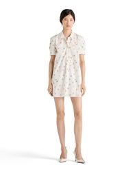 Prada Floral Print Linen Mini-Dress in White | Lyst