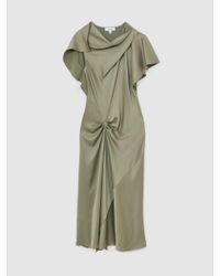 michelle satin tuck detail cape midi dress in champagne neutral Reiss Satin Tuck-Detail Cape Midi Dress in Champagne Neutral