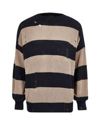 River Island Gray Dark Grey Stripe Oversized Fisherman Jumper for men
