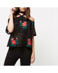 River Island Petite Black Lace Floral Cold Shoulder Top