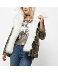 River Island Petite Green Camo Faux Fur Trim Jacket