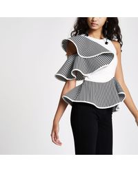 River Island White Frill Shoulder Peplum Fitted Top