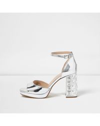 silver embellished block heels