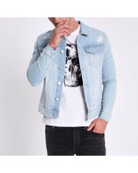 River Island Light Blue Muscle Fit Ripped Denim Jacket For Men Lyst