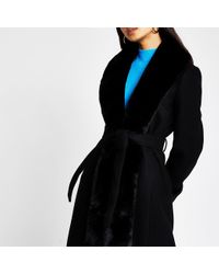 Black long faux fur robe belted coat Clearance