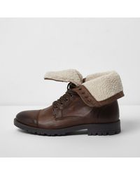 River Island Brown Borg Lined Leather Work Boots for men