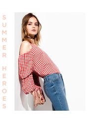River Island Red Gingham Cold Shoulder Puff Sleeve Top