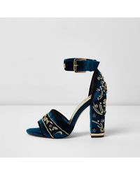 navy velvet block heels