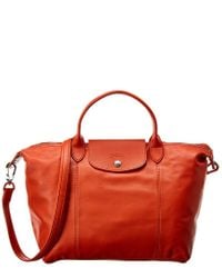 Longchamp Le Pliage Cuir Medium Leather Short Handle Tote in Red ...