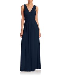 Monique Lhuillier Bridesmaids | Blue Pleated Chiffon V-neck Gown | Lyst
