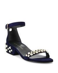 studded pearls stuart weitzman suede heel sandals block navy