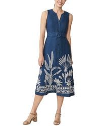 knee length dresses for ladies Blue White Stripes Linen Rhapsody Dress