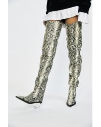 green snakeskin thigh high boots